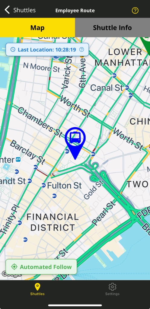RouteBot companion app showing the live vehicle location on an employee shuttle route.