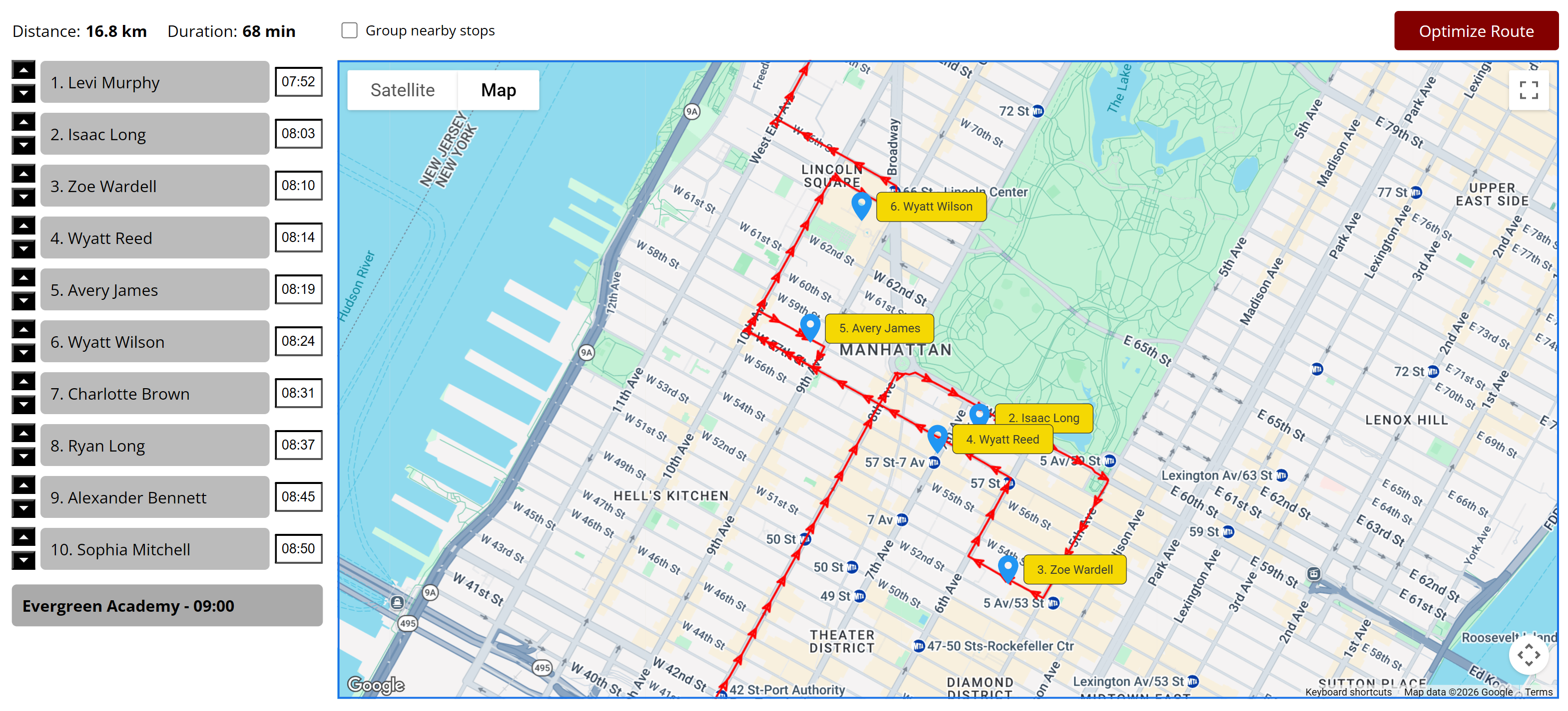 RouteBot school bus routing workspace with a student stop list, pickup times, and a route on the map.
