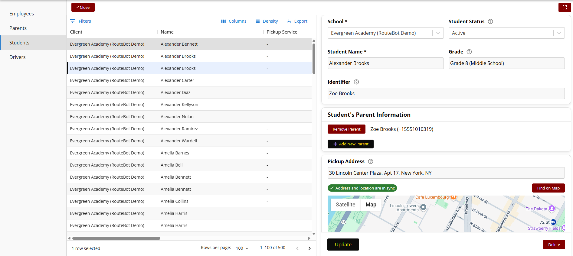 Student list screen in Route Bot